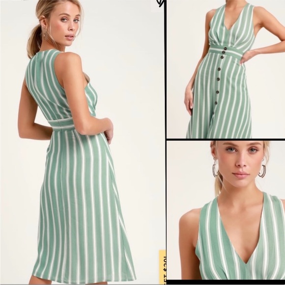 Lulu’s sage green/white striped midi dress - Picture 2 of 9